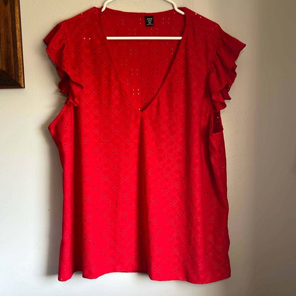 SHEIN CURVE 2XL Red Cap Flutter Sleeve Blouse